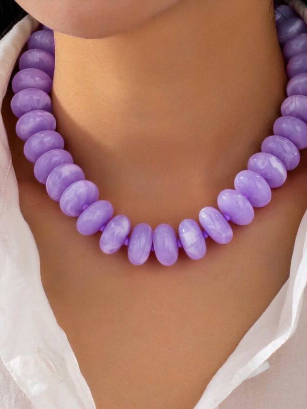 New! Purple Lilac Lavender Dopamine Chunky Resin Bead Statement Necklace